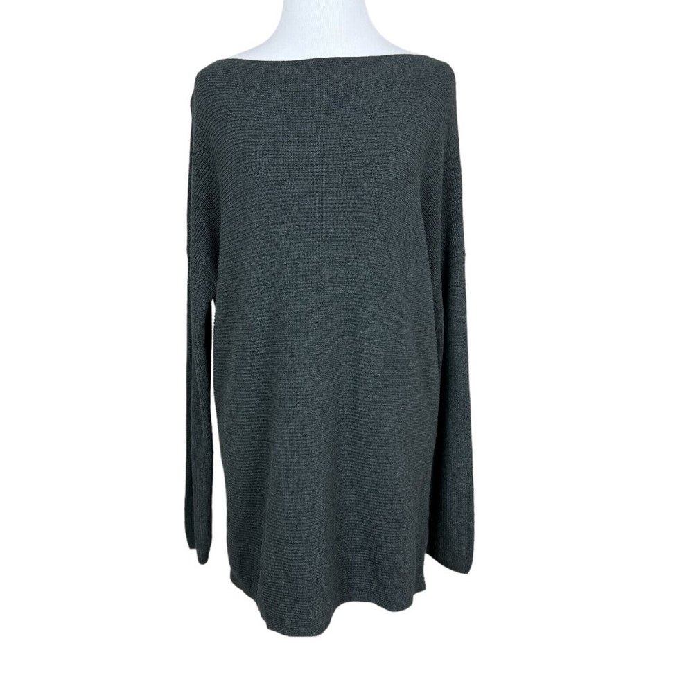 Tommy Bahama Sweater Womens Medium Gray Tunic Boat Neck Long Sleeve Ribbed Knit